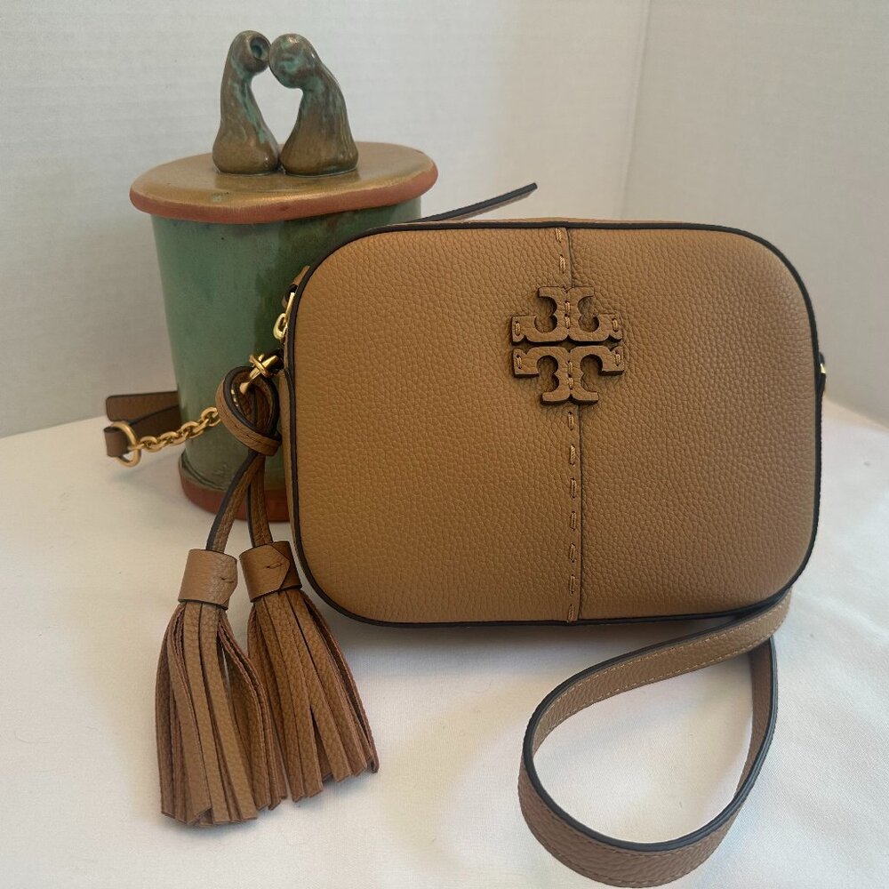 Tory Burch Crossbody Camera Bag in Tan Leather with 2 Tassels and Gold Accents